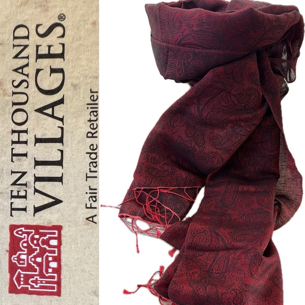🇳🇵NEW Jacquard Paisley Maroon/Black Scarf | Fair Trade Nepal | Silk & Viscose